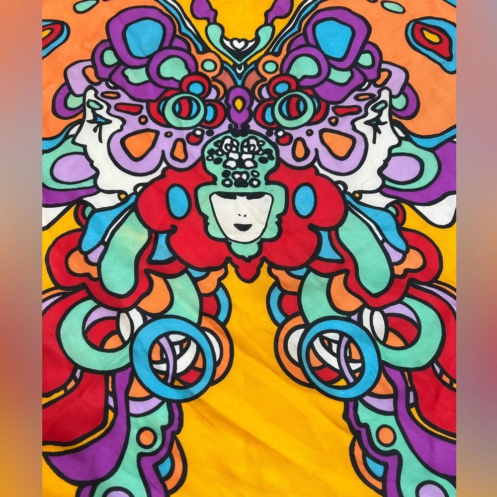 Peter Max Scarf Vintage 1970s Butterfly Psychedelic Vivid Color Gold Silk? - Picture 15 of 15